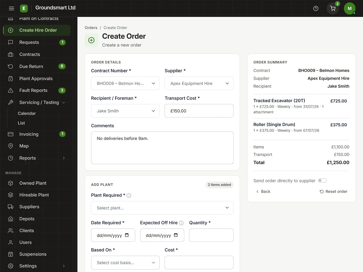 Equipbase plant hire order screen showing hired plant, supplier, site and hire status