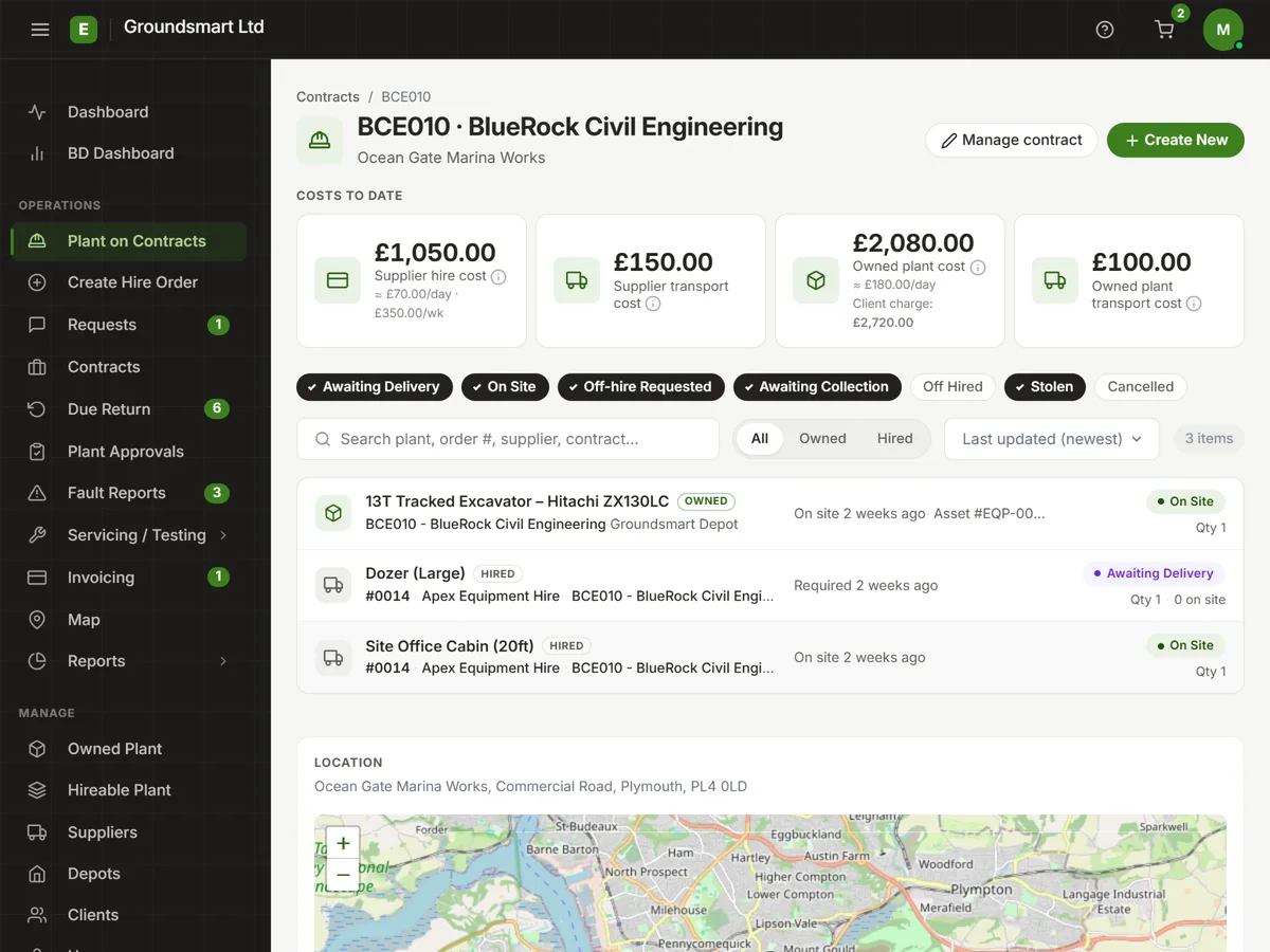 Equipbase plant tracking view showing plant items, supplier, site and status details