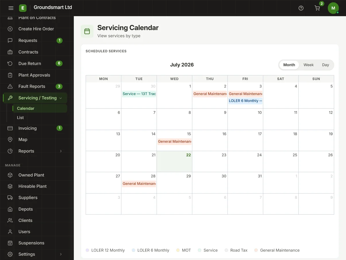 Equipbase plant servicing schedule showing upcoming services and inspections for owned plant
